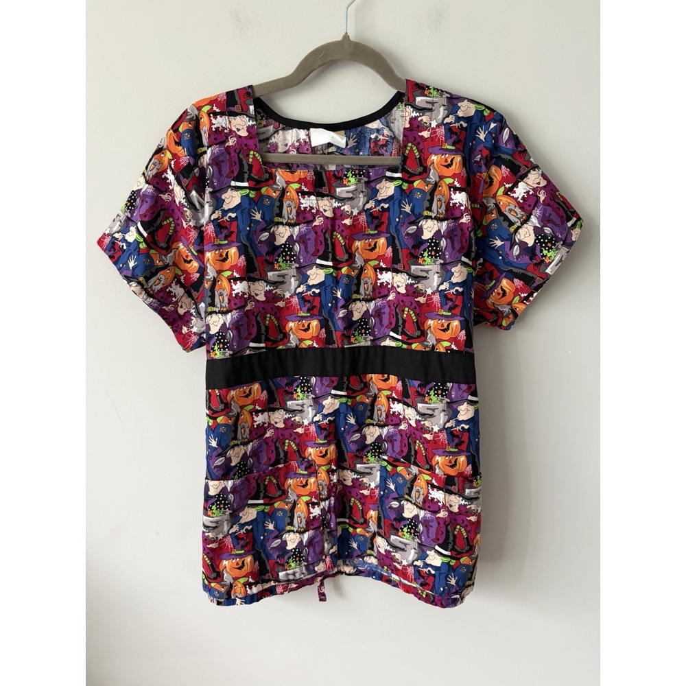 Vtg Tafford Halloween Scrub Top Witches Pumpkin  Purple Fun 100% Cotton Size LG